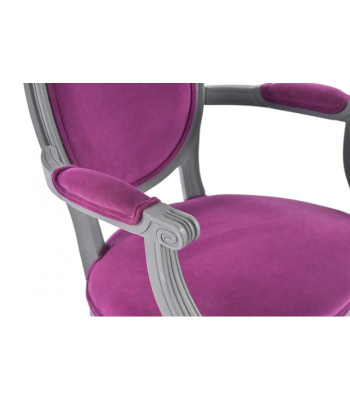 fauteuil finition velours Framboise écrasée et bois grisé (sur commande au sein des Ateliers Montespan)