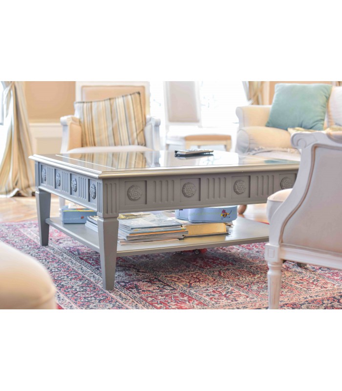 Table basse avec finition dalle de verre double plateau - finition gris perle