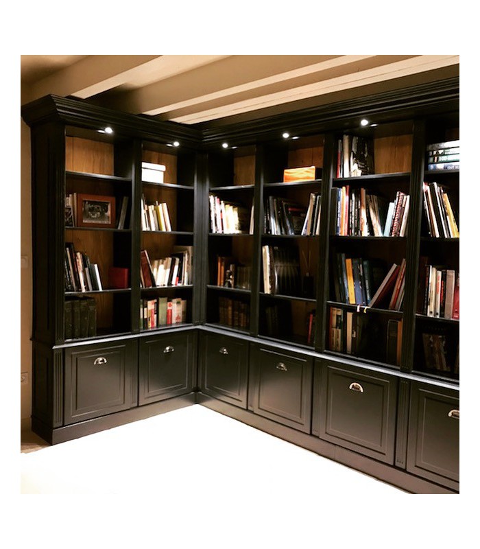 bibliothèque néoclassique présentée ici en gris anthracite - finition fond bois naturel